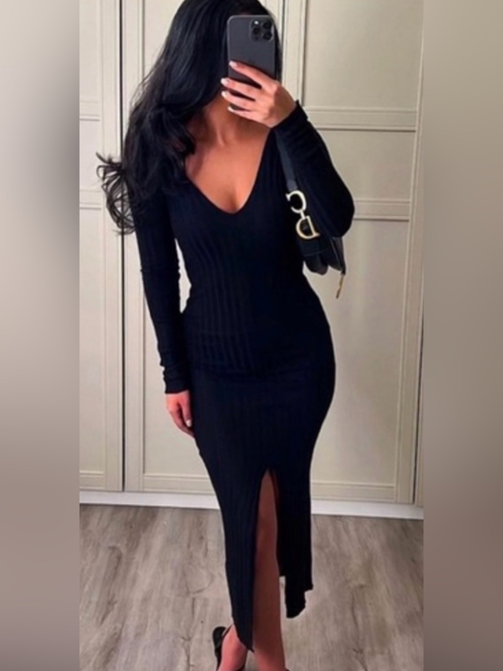 Zara ribbed long sleeve dress with front slit black size small